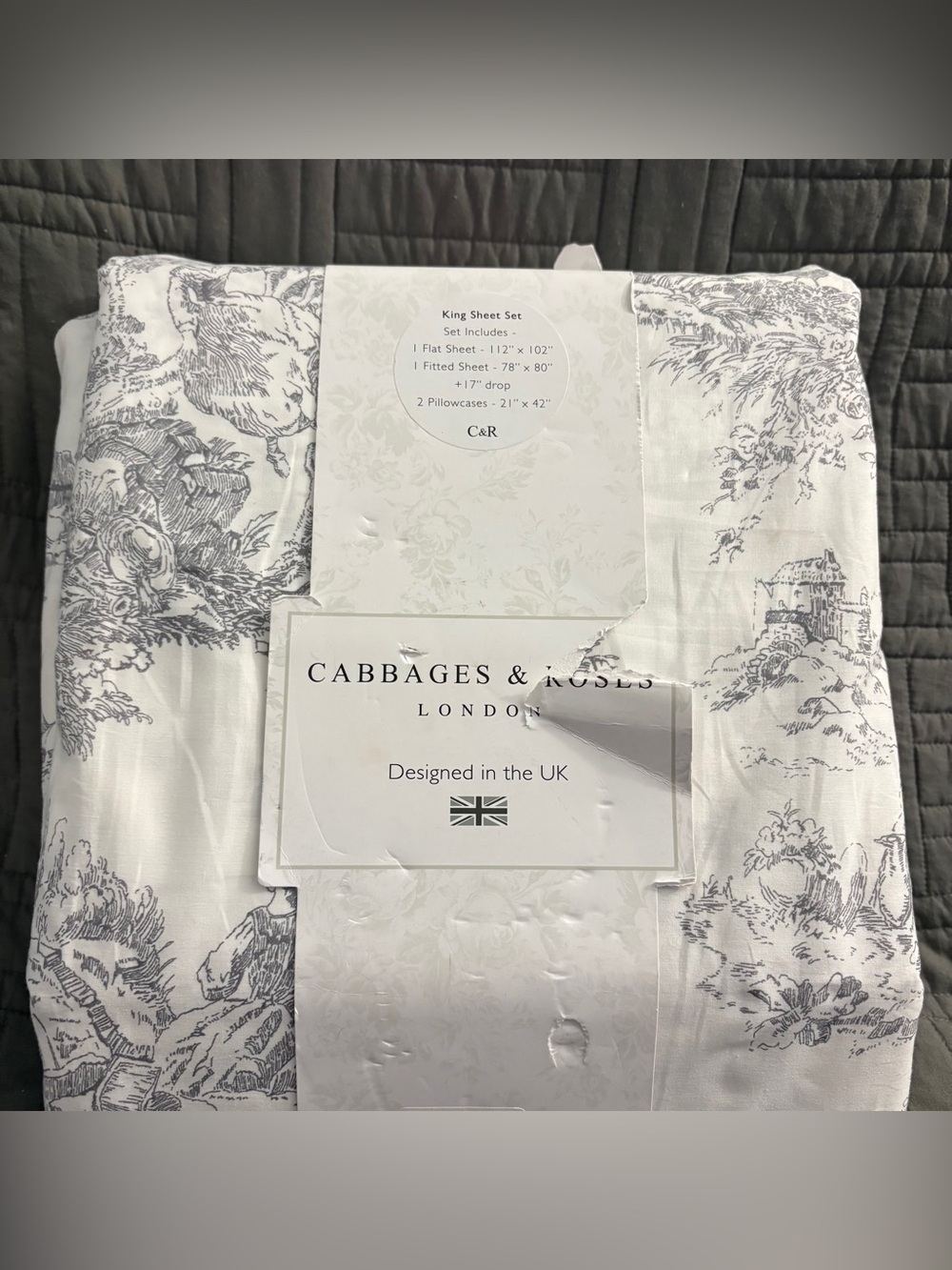 Cabbages & Roses LONDON Country Toile Slate Grey 4-Piece King Sheet Set NEW